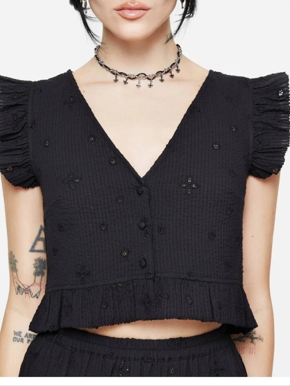Disturbia  Crox  Broderie Black Textured Eyelet  with Button Up Blouse Size 14.